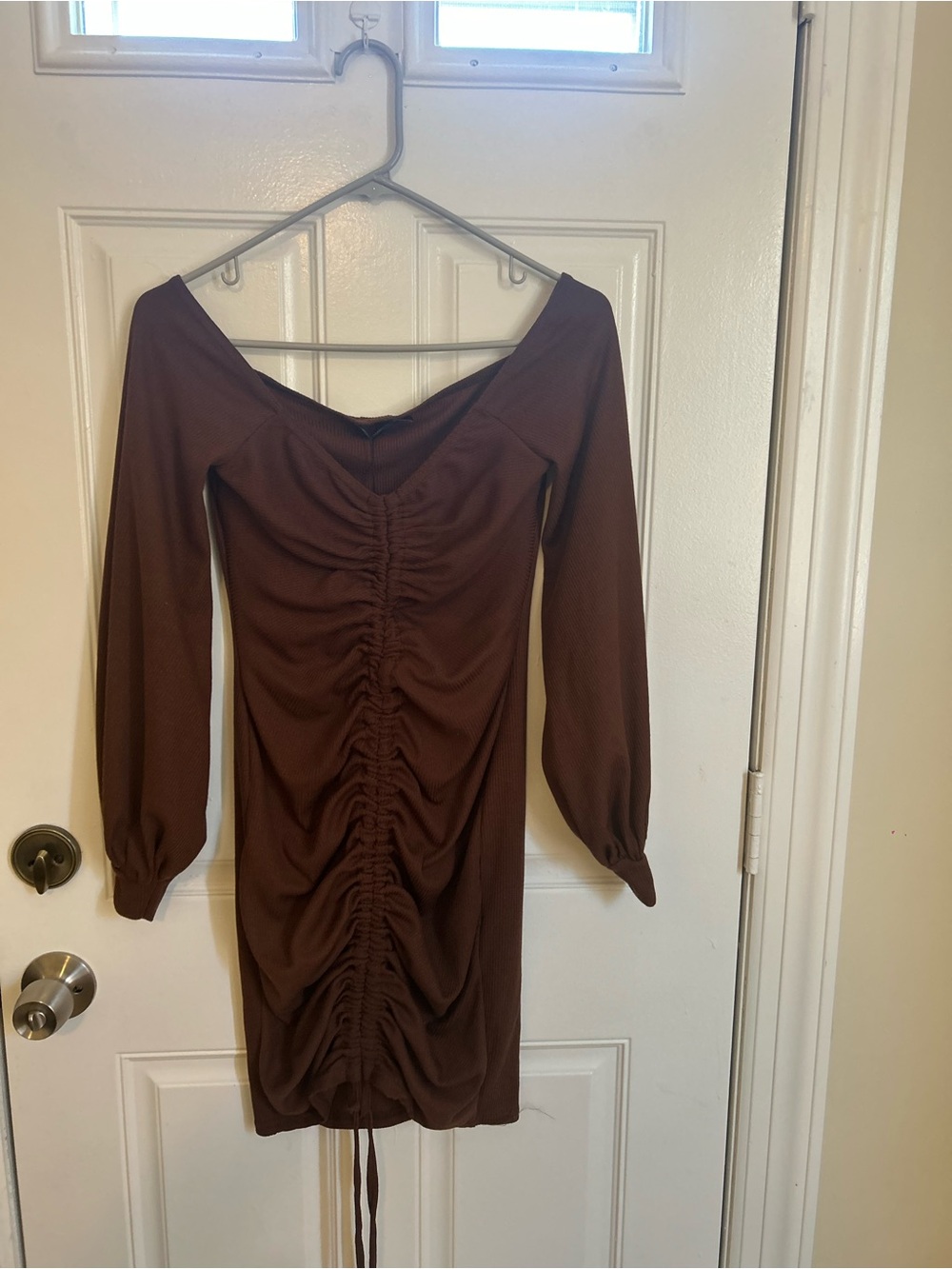 Brown Ruched Long-Sleeve Bodycon Dress